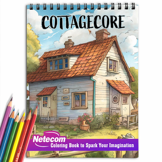 Cottagecore Spiral Bound Coloring Book, Find Serenity in 30 Coloring Pages, Depicting the Harmony between Humans and the Natural World in Cottagecore