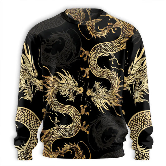 Black and Gold Traditional Dragon Sweatshirt, 3D All Over Print Japanese-Inspired Dragon Crewneck Pullover for Men Women, Dragon Lover Gift - Netecom