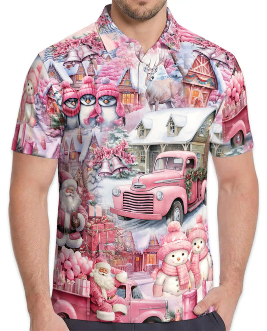 Pink Christmas Truck 3D Polo Shirt for Men – Santa Winter Village Style | Netecom