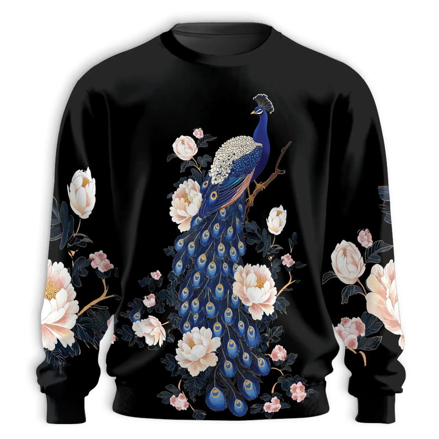 Peacock Peony Sweatshirt, 3D All Over Print Elegant Bird Floral Crewneck Pullover for Men Women, Peacock Lover Gift - Netecom
