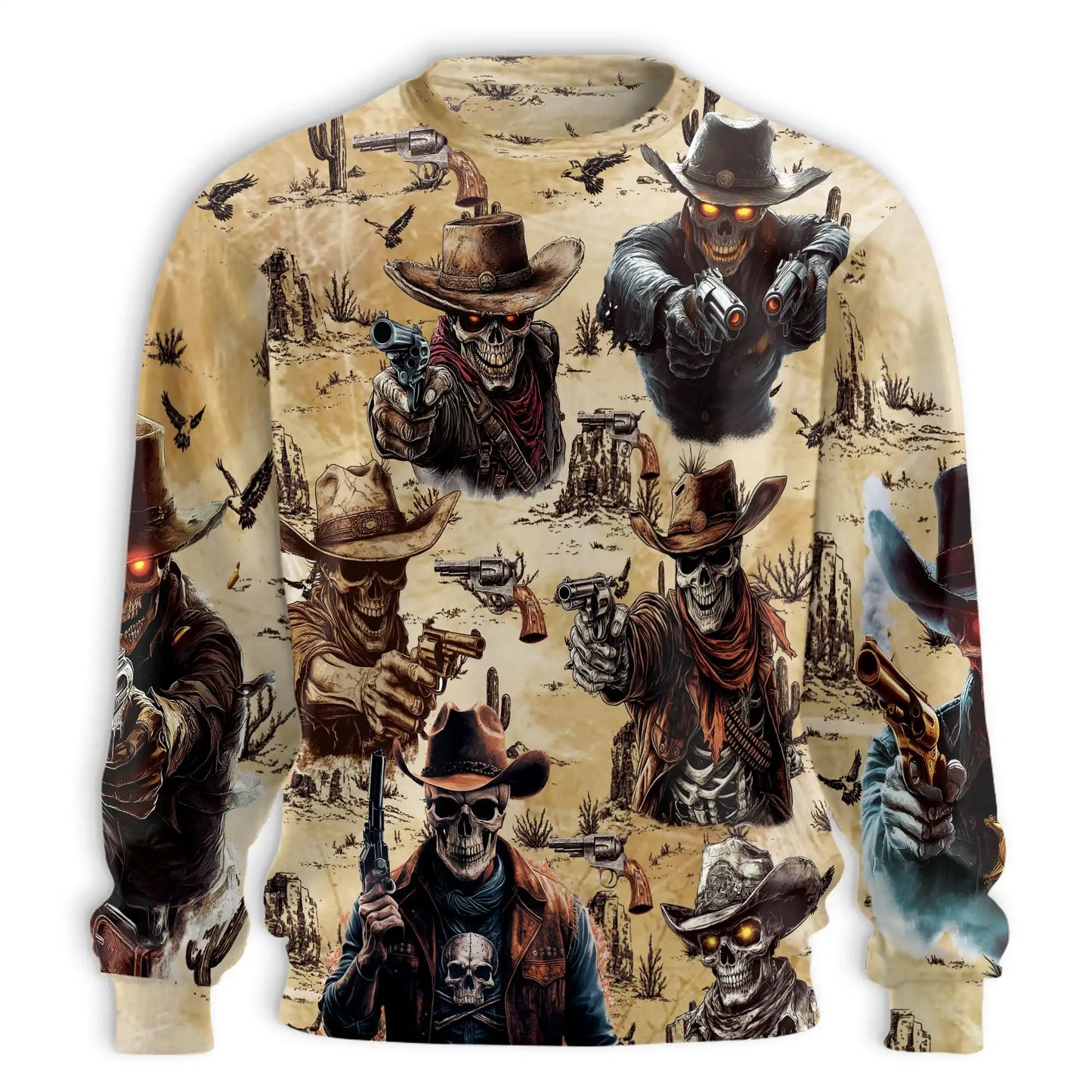 Skeleton Cowboy Gunslinger Sweatshirt, 3D All Over Print Western Skull Crewneck Pullover for Men Women, Cowboy Lover Gift - Netecom