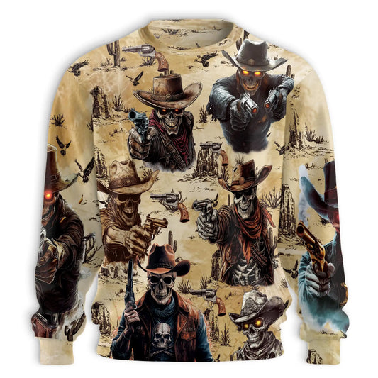 Skeleton Cowboy Gunslinger Sweatshirt, 3D All Over Print Western Skull Crewneck Pullover for Men Women, Cowboy Lover Gift - Netecom