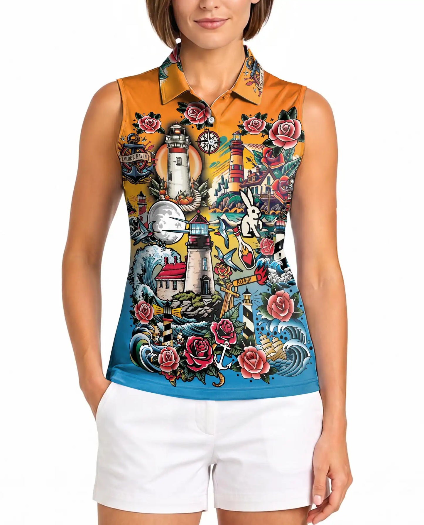 Nautical Lighthouse Sleeveless Polo Shirt for Women – Coastal Ocean Style | Netecom