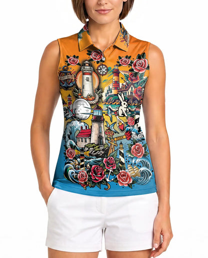 Nautical Lighthouse Sleeveless Polo Shirt for Women – Coastal Ocean Style | Netecom