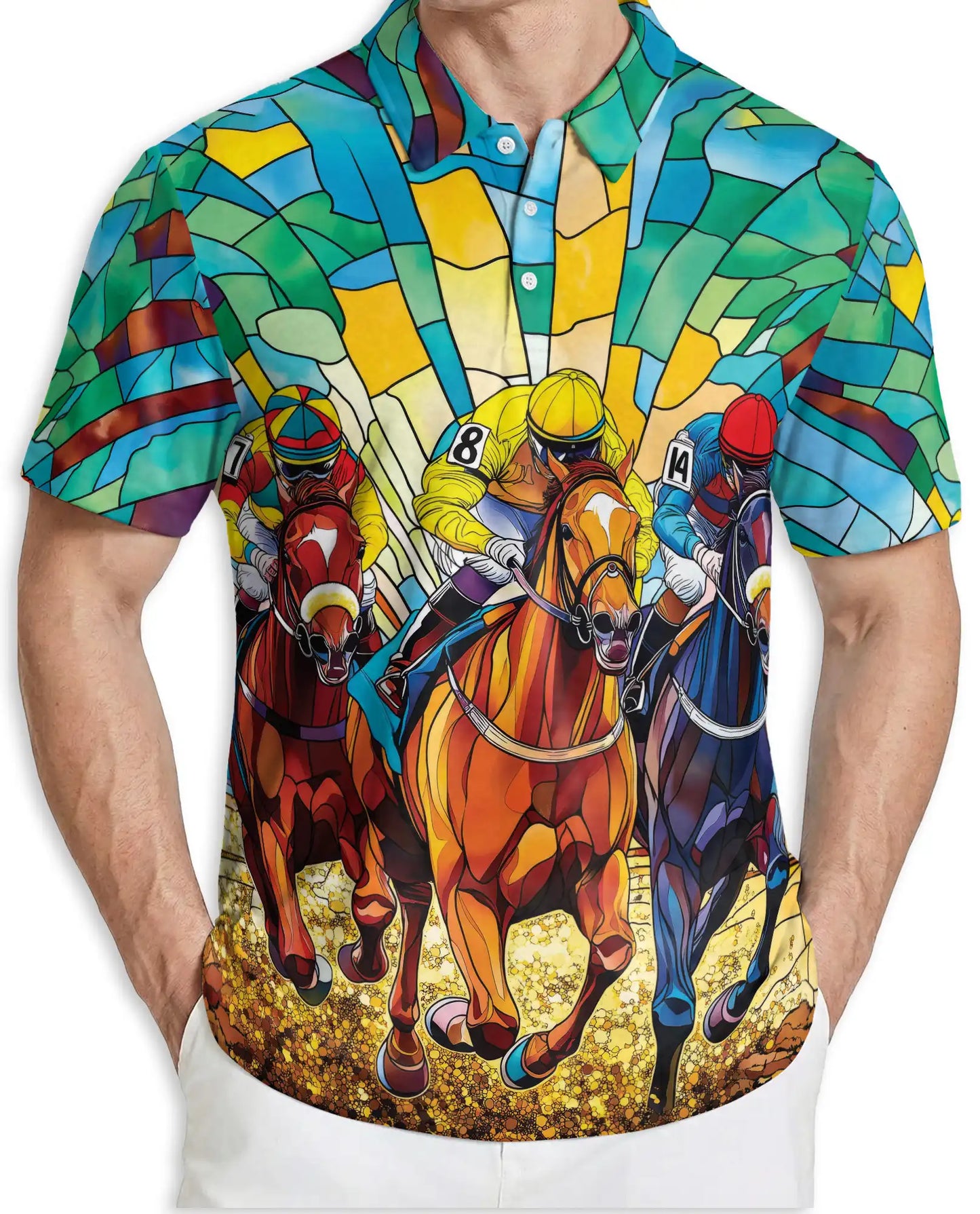Stained Glass Horse Racing 3D Polo Shirt for Men – Colorful Jockey Derby Style | Netecom