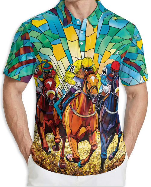 Stained Glass Horse Racing 3D Polo Shirt for Men – Colorful Jockey Derby Style | Netecom