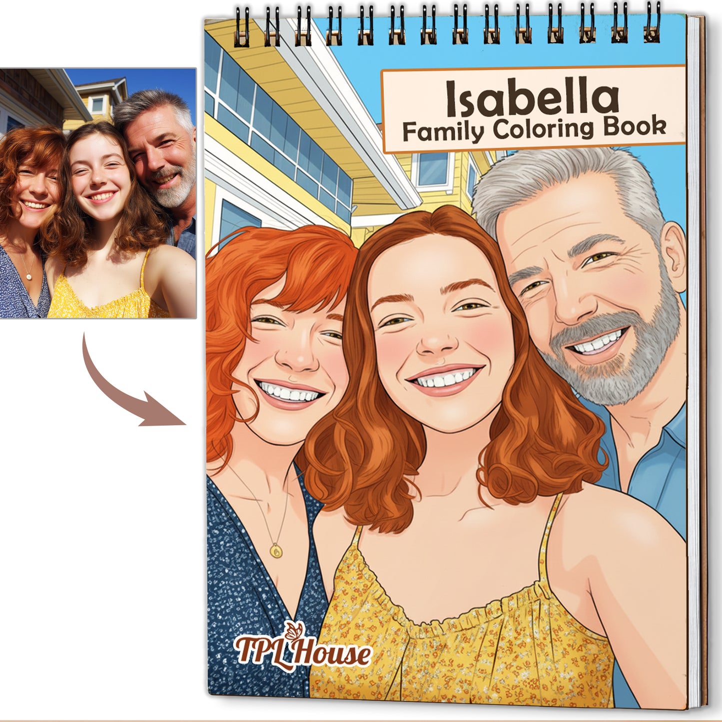 Custom Coloring Book from Photos – Personalized Family Coloring Book for Adults, 12–48 Pages, Memory Keepsake Gift, Premium Wooden Cover, Spiral Binding