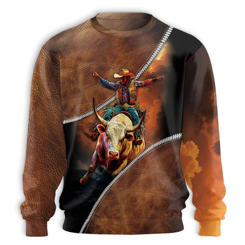 Rodeo Bull Riding Sweatshirt, 3D All Over Print Western Cowboy Crewneck Pullover for Men Women, Bull Rider Gift - Netecom