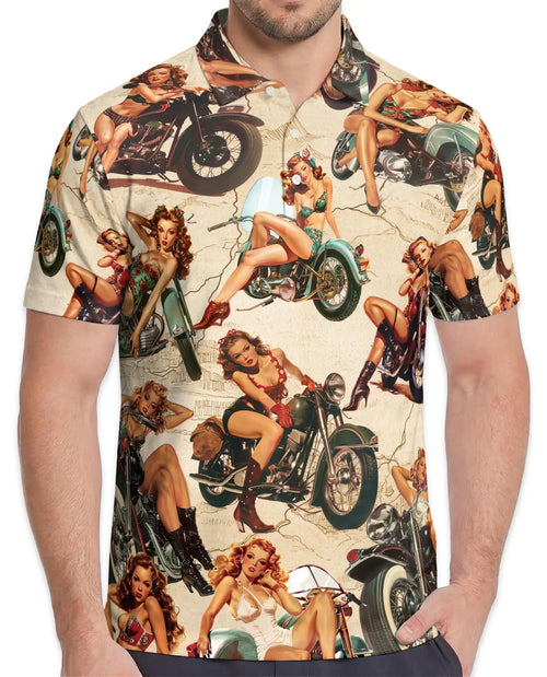 Vintage Pin Up Motorcycle Polo Shirt - Retro Biker Style | Netecom