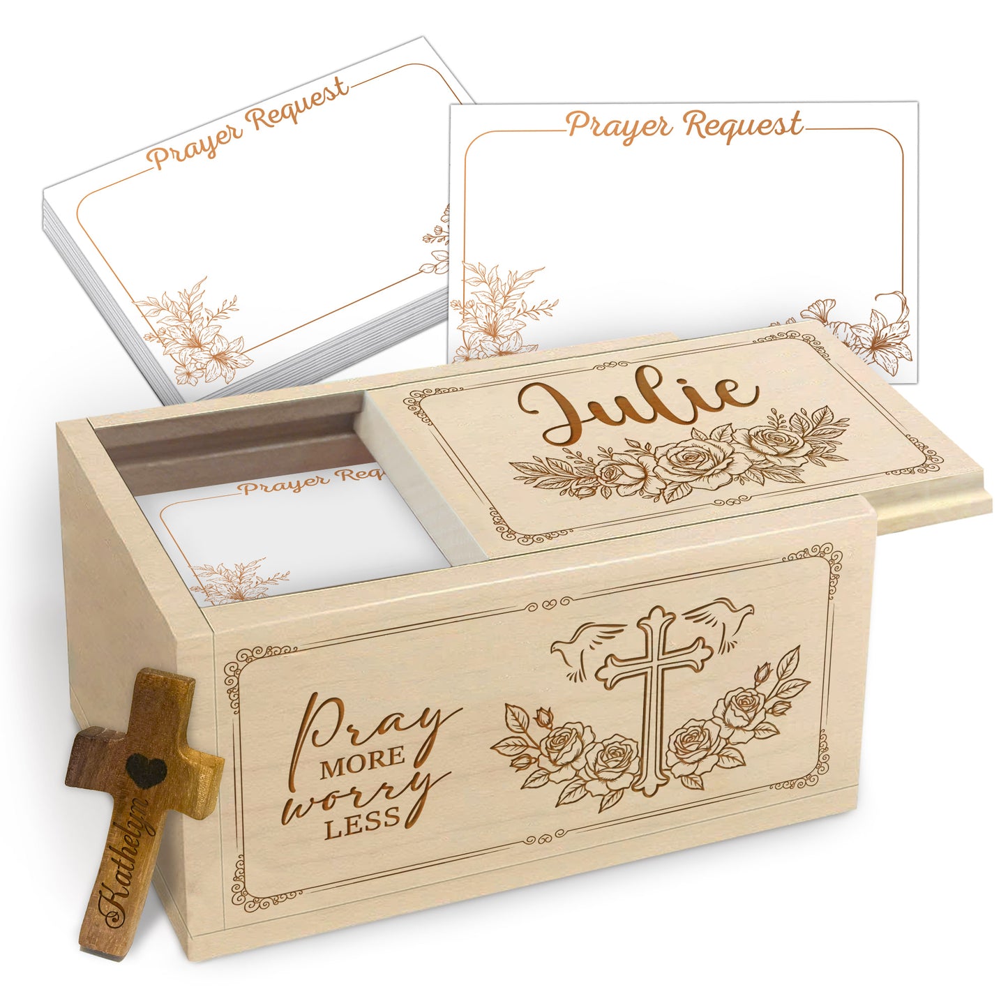 Netecom Personalized Christian Prayer Box with Custom Name on Wooden Cross – 100 Prayer Request Cards, Faith Gift for Women, Religious Keepsake for Her