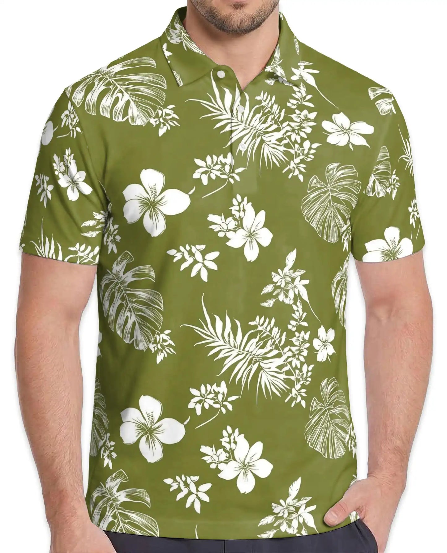 Tropical Floral Polo Shirt - Olive Green Island Style | Netecom