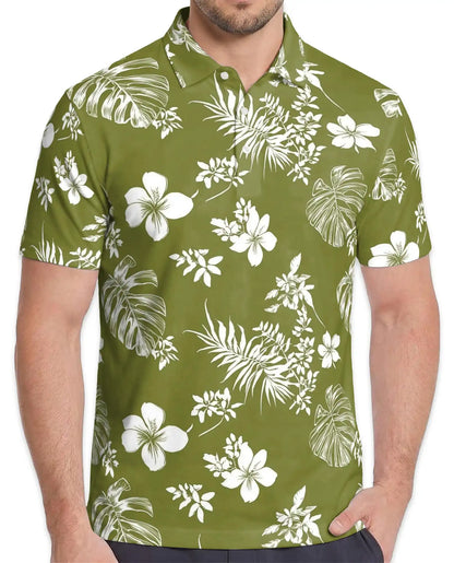 Tropical Floral Polo Shirt - Olive Green Island Style | Netecom