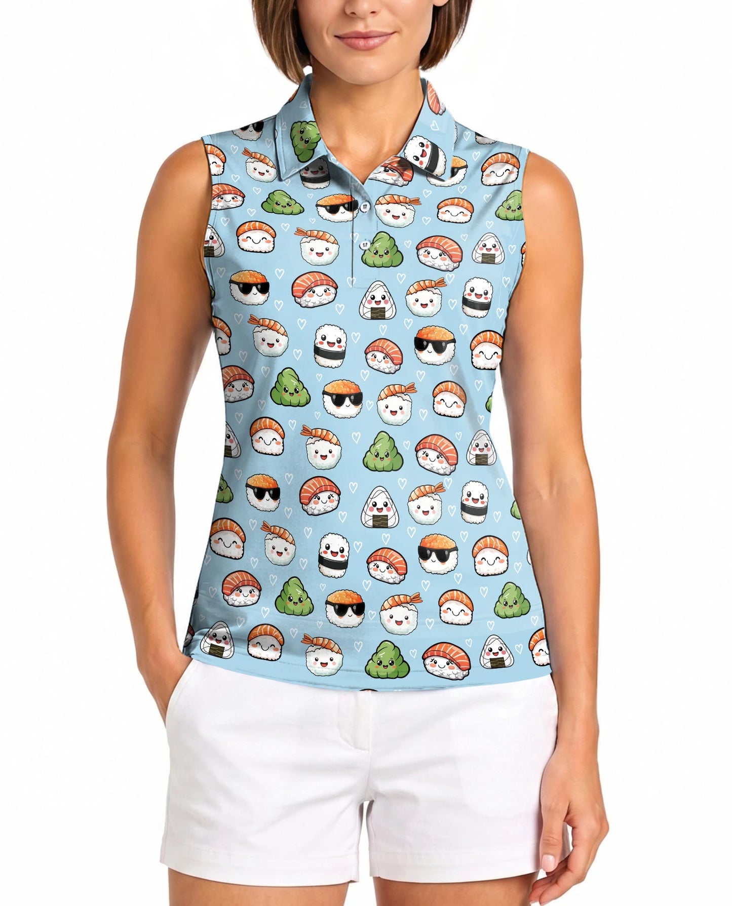 Kawaii Japanese Sushi Sleeveless Polo Shirt for Women – Cute Food Style | Netecom