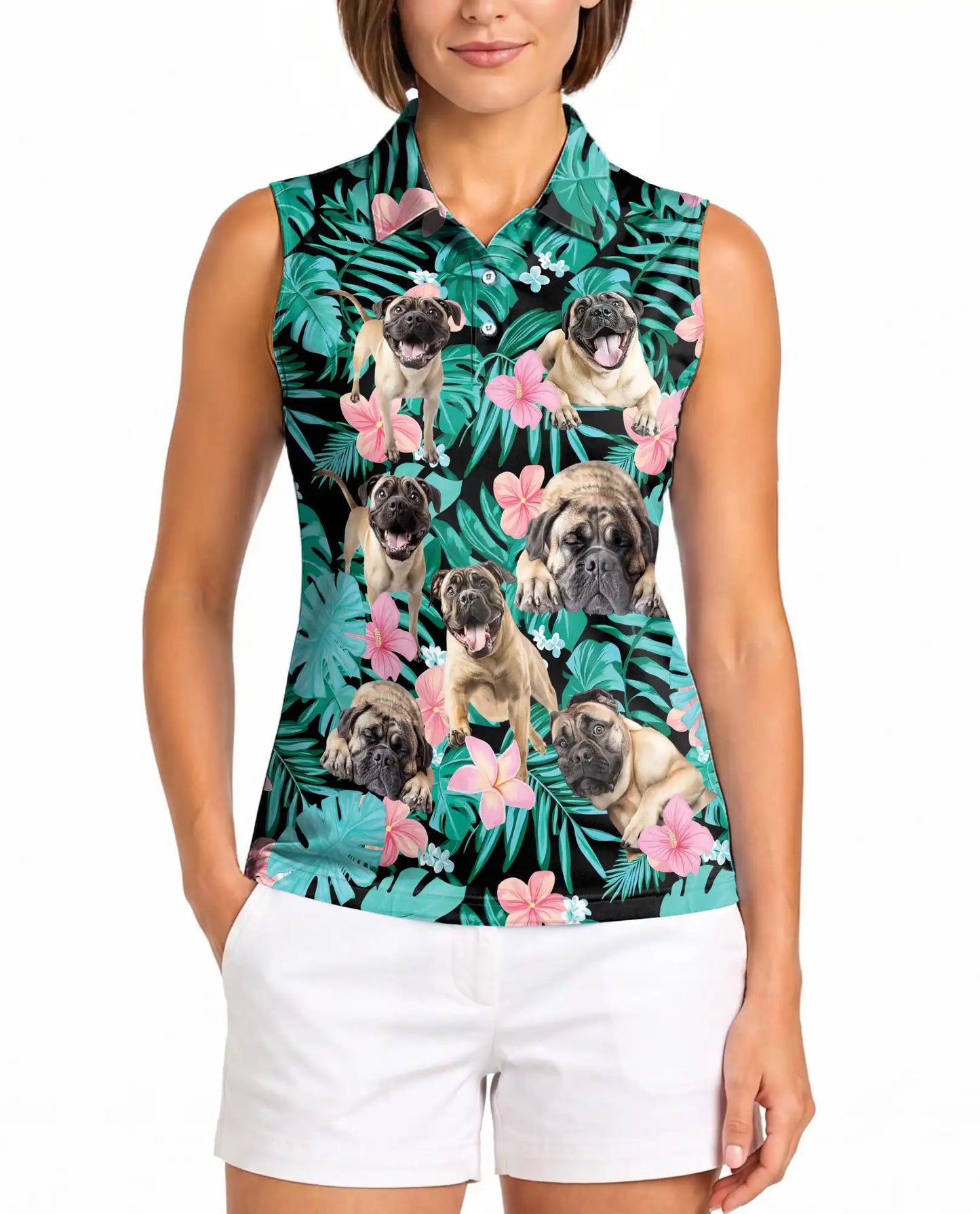 English Mastiff Summer Leaves Sleeveless Polo Shirt for Women | Netecom