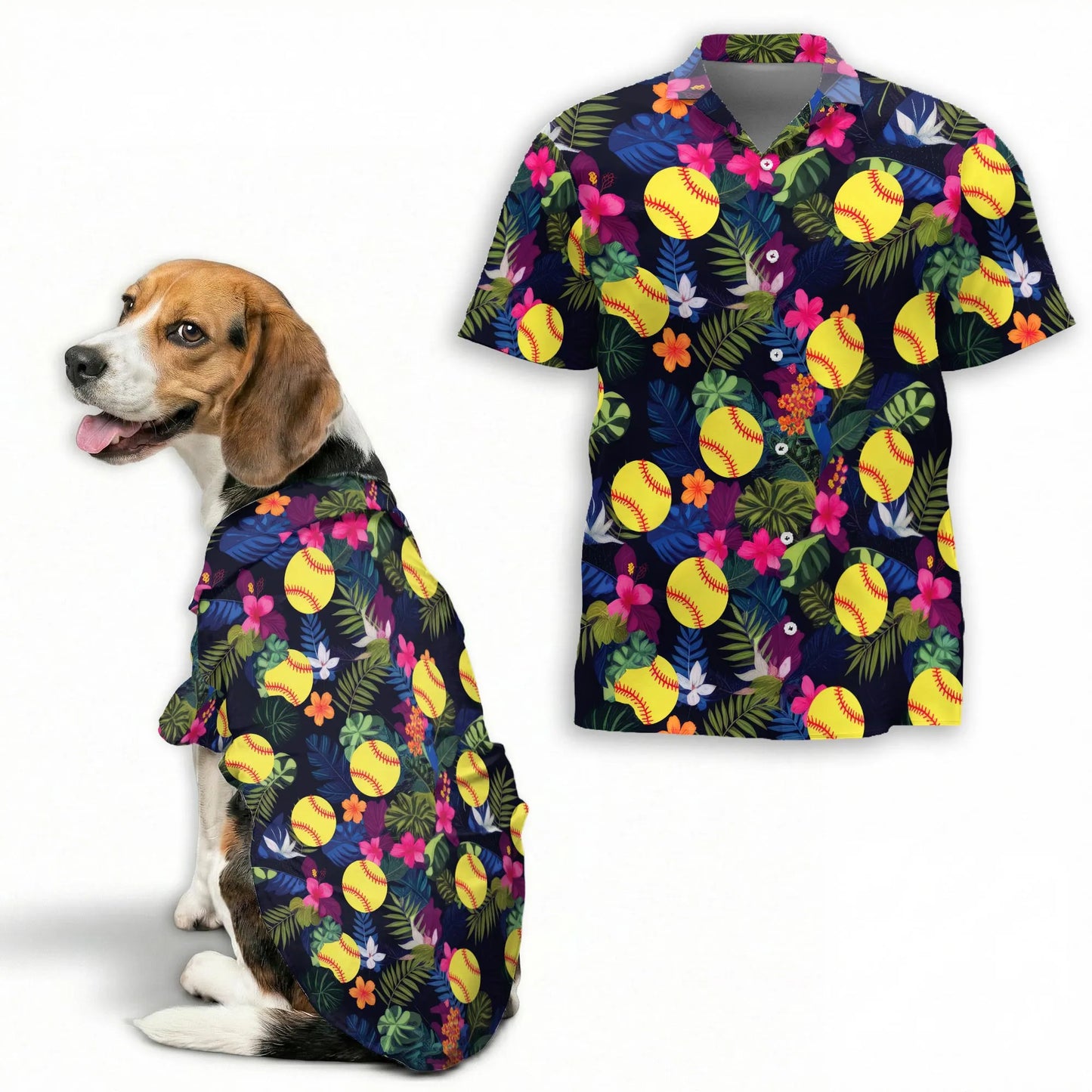 Softball Flower Tropical Print Hawaii Dog and Owner Matching Button Shirts