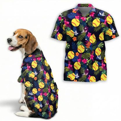Softball Flower Tropical Print Hawaii Dog and Owner Matching Button Shirts