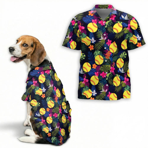 Softball Flower Tropical Print Hawaii Dog and Owner Matching Button Shirts