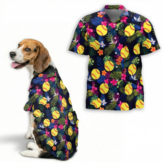 Softball Flower Tropical Print Hawaii Dog and Owner Matching Button Shirts