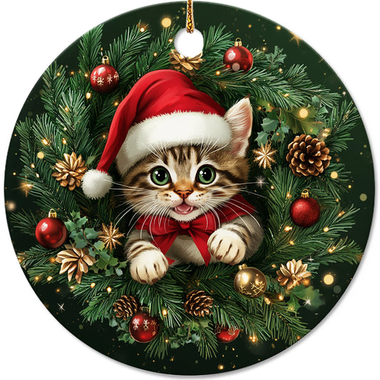 Netecom Cute Cat Christmas Ornament, Kitten with Santa Hat Ceramic Ornament for Xmas Tree Hanging Decorations Gift, Cat Lover Gifts, Holiday Party Present