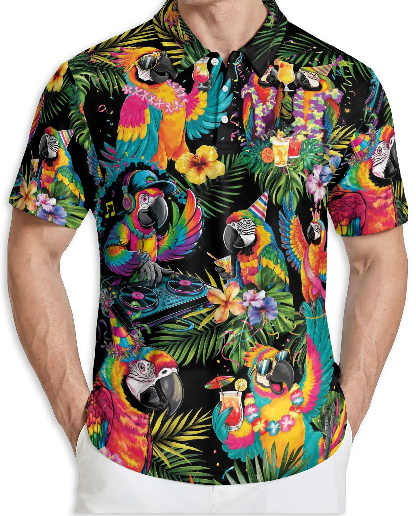Tropical Party Parrot Polo Shirt Colorful Macaw DJ Hawaiian Design | Netecom
