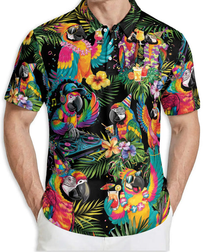 Tropical Party Parrot Polo Shirt Colorful Macaw DJ Hawaiian Design | Netecom