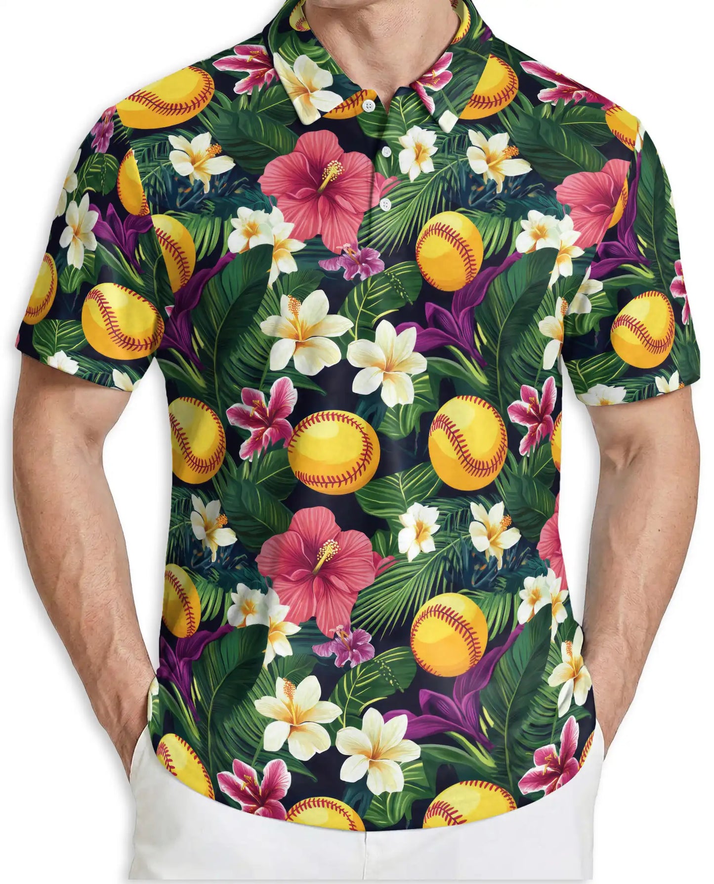 Softball Tropical Polo Shirt for Men- Floral Softball Pattern | Netecom