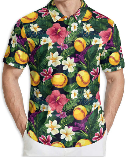 Softball Tropical Polo Shirt for Men- Floral Softball Pattern | Netecom
