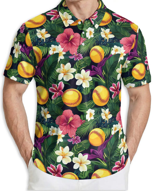 Softball Tropical Polo Shirt for Men- Floral Softball Pattern | Netecom