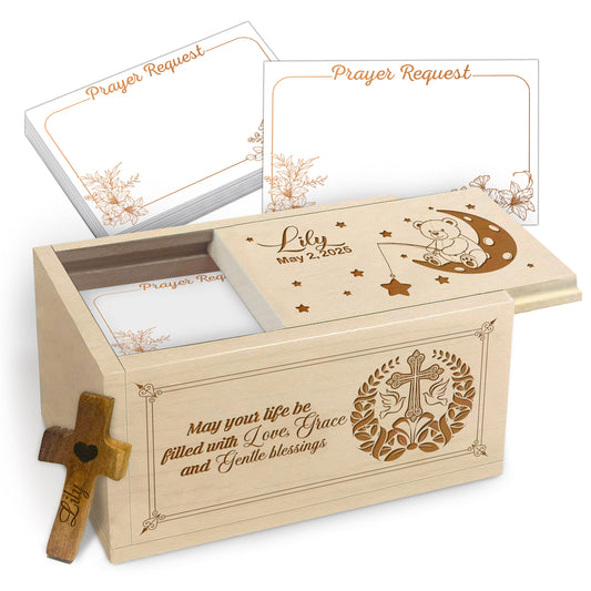 Netecom Personalized Baby Wooden Prayer Box with 100 Prayer Request Cards, Custom Name & Year Keepsake, Wooden Cross, Christian Faith Gift