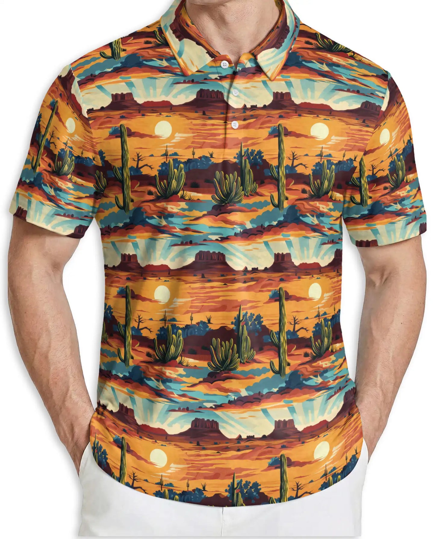 Southwestern Desert Sunset 3D Polo Shirt for Men – Cactus Western Style | Netecom