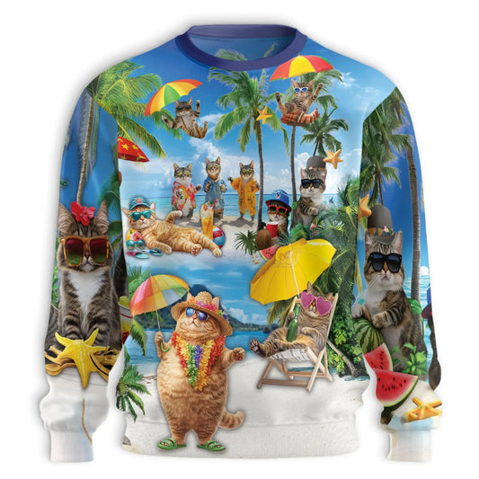 Cool Cats Summer Beach Sweatshirt, 3D All Over Print Tropical Cat Crewneck Pullover for Men Women, Cat Lover Gift - Netecom