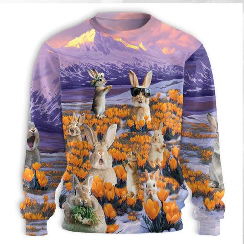 Rabbits in the Snow Sweatshirt, 3D All Over Print Winter Woodland Crewneck Pullover for Men Women, Rabbit Lover Gift - Netecom
