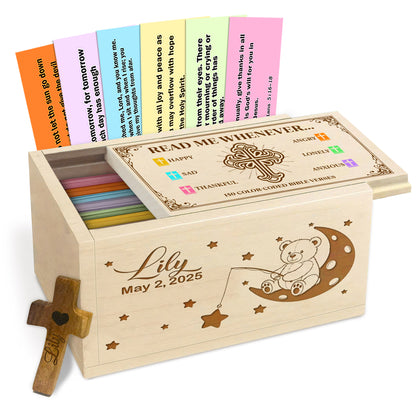 Netecom Personalized Baby Bible Verse Box with 150 Color-Coded Scriptures, Custom Name & Birth Date on Box, Custom Name on Wooden Cross – Christian Faith Keepsake Gift for Newborns, Baptism, or Baby Shower