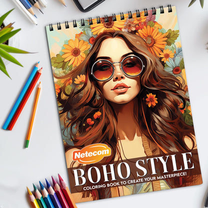 Boho Style Spiral Bound Coloring Book, Bohemian Style Illustrations for a Chic and Relaxing Artistic Journey, Perfect for Boho Fashion Lovers