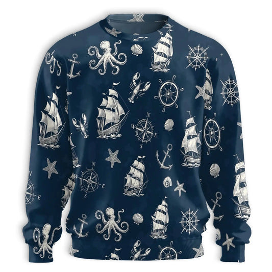 Vintage Nautical Pattern Sweatshirt, 3D All Over Print Ocean Adventure Crewneck Pullover for Men Women, Nautical Lover Gift - Netecom