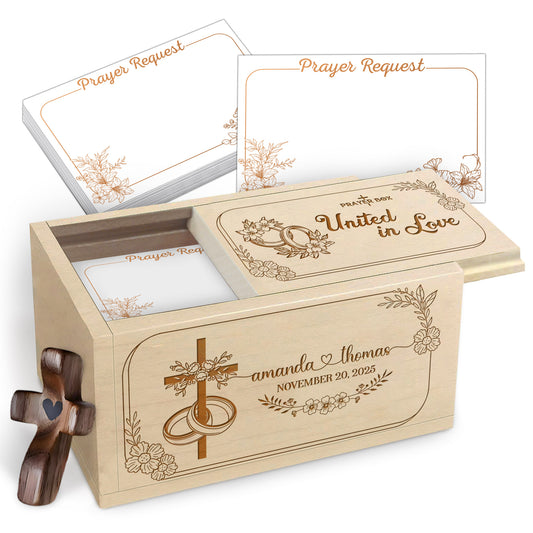 Netecom Personalized Marriage Prayer Box with Custom Name & Wedding Date, Christian Wedding Gift, Prayer Request Cards with Cross, United in Love Keepsake for Couples
