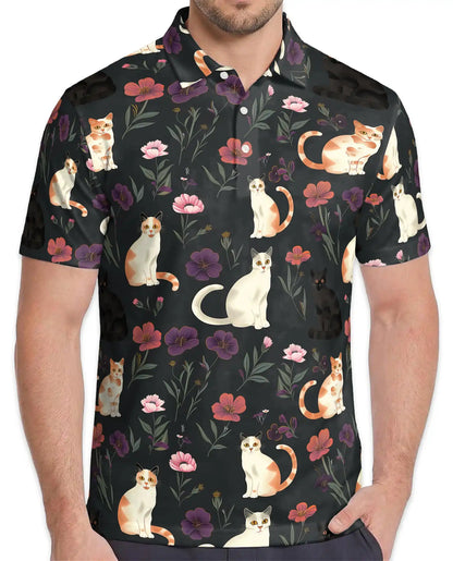 Cat Floral Polo Shirt - Cute Kitty Garden Style | Netecom
