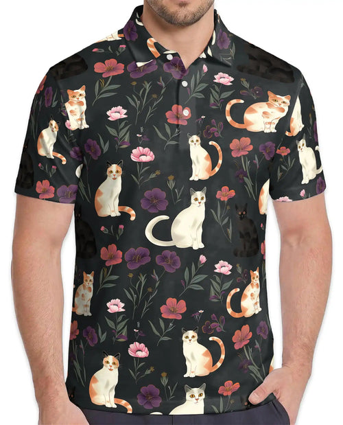 Cat Floral Polo Shirt - Cute Kitty Garden Style | Netecom