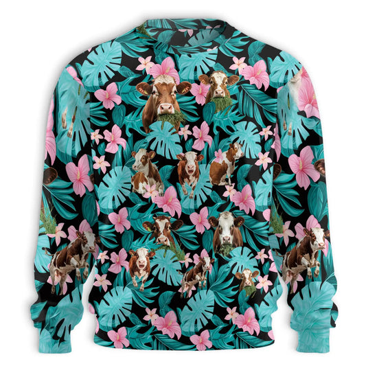 Tropical Cow Sweatshirt, 3D All Over Print Floral Cow Crewneck Pullover for Men Women, Cow Lover Gift - Netecom