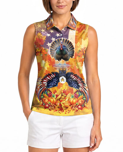 Turkey and Eagle Thanksgiving Sleeveless Polo Shirt for Women | Netecom