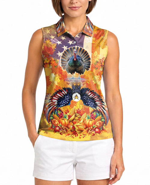 Turkey and Eagle Thanksgiving Sleeveless Polo Shirt for Women | Netecom