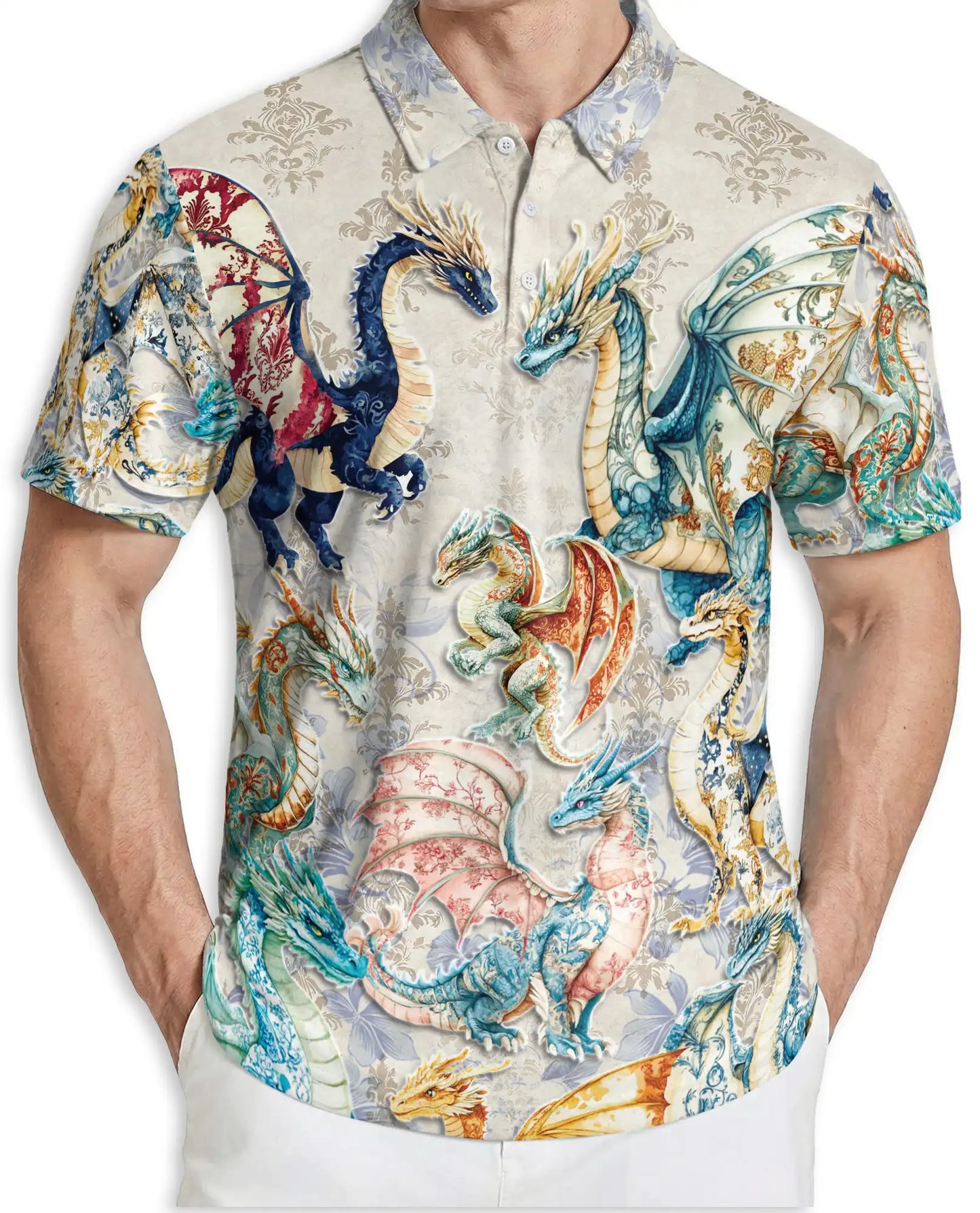 Elegant Fantasy Dragon 3D Polo Shirt for Men – Medieval Mythical Creature Style | Netecom