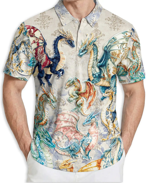 Elegant Fantasy Dragon 3D Polo Shirt for Men – Medieval Mythical Creature Style | Netecom