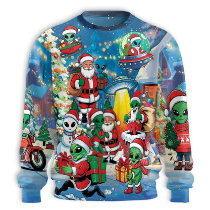 Alien and Santa Claus Christmas Sweatshirt, 3D All Over Print Holiday Space Crewneck Pullover for Men Women, Christmas Gift - Netecom