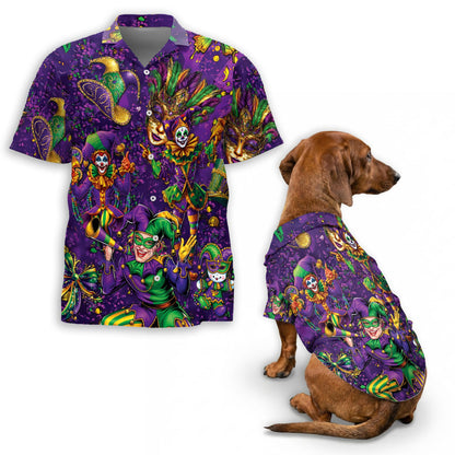 Matching Dog and Owner Mardi Gras Clown Hawaiian Shirts – Fun Tropical Beach Outfit