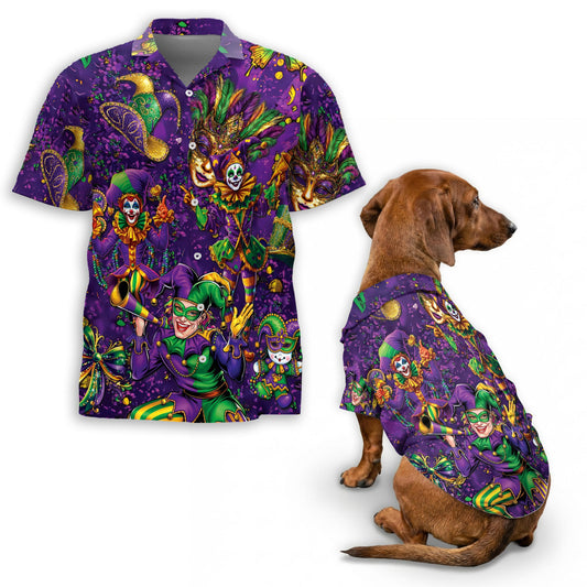 Matching Dog and Owner Mardi Gras Clown Hawaiian Shirts – Fun Tropical Beach Outfit