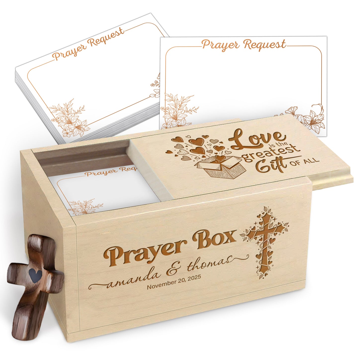 Netecom Personalized Couple Prayer Box with 100 Prayer Request Cards & Wooden Cross – Christian Valentine Gift, Custom Names and Anniversary Date