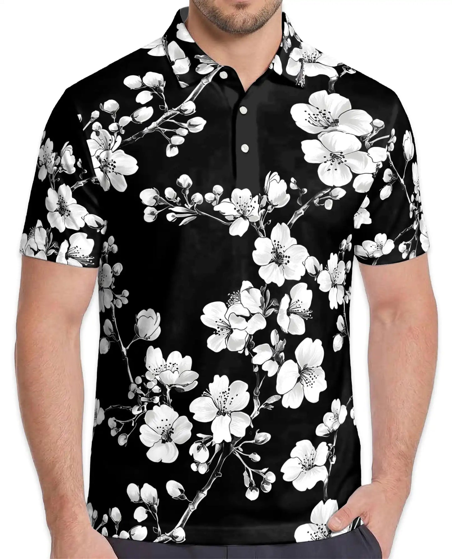 Monochrome Cherry Blossom Polo Shirt - Elegant Floral Style | Netecom