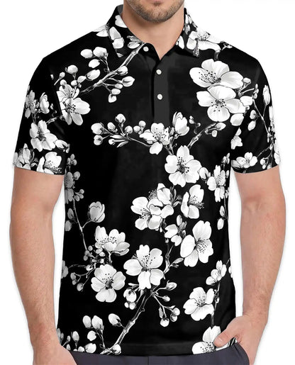 Monochrome Cherry Blossom Polo Shirt - Elegant Floral Style | Netecom