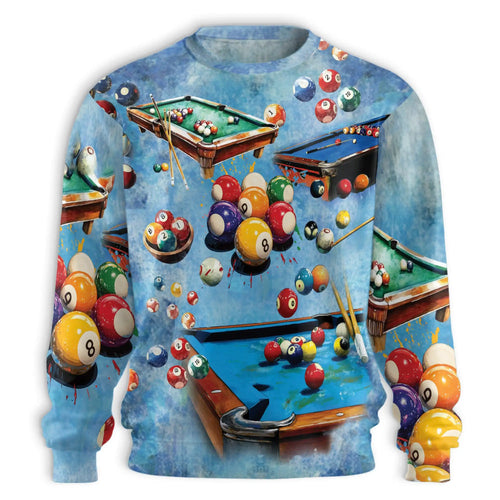 Billiards Pool Sweatshirt, 3D All Over Print Blue Pool Table Crewneck Pullover for Men Women, Billiards Player Gift - Netecom